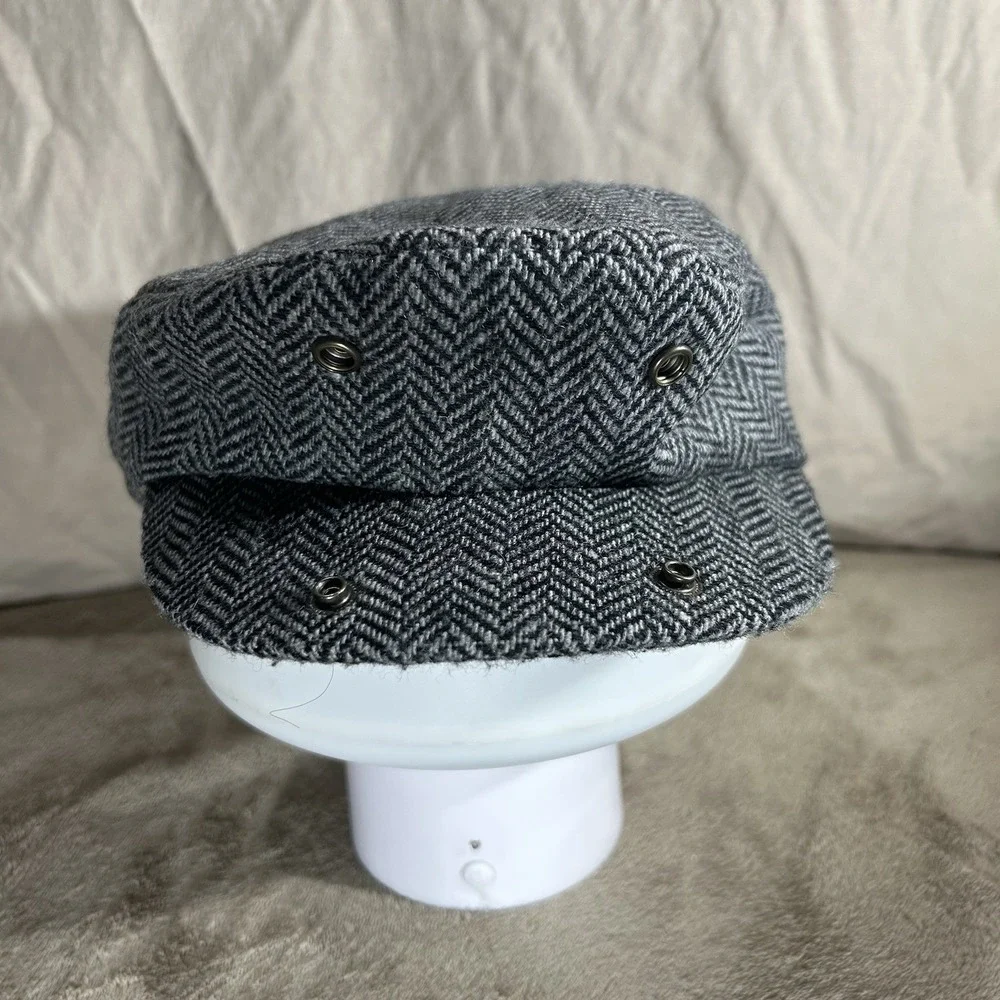 Men's Classic Grey Herringbone Flat Cap - Wool Blend Newsboy Hat - Size M